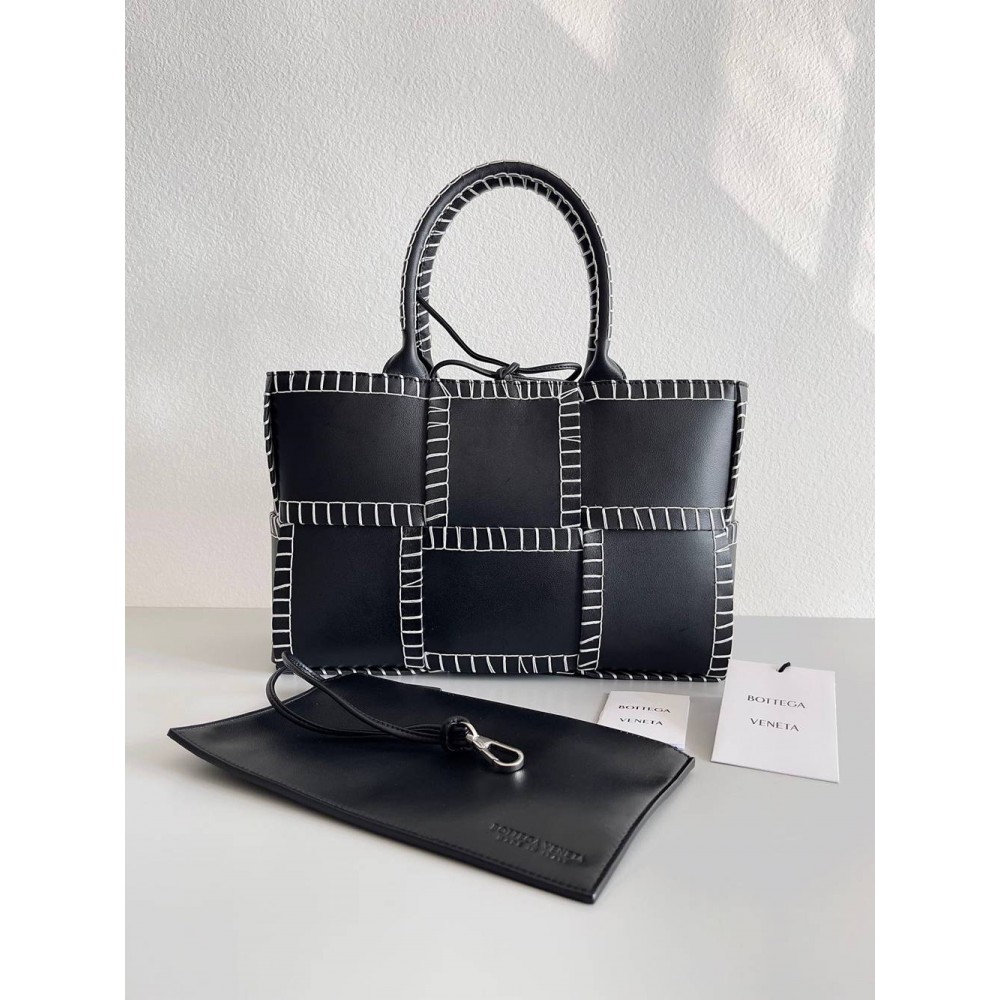 Bottega Veneta Black Arco Small Tote with White Overlock Stitching TDBS2386