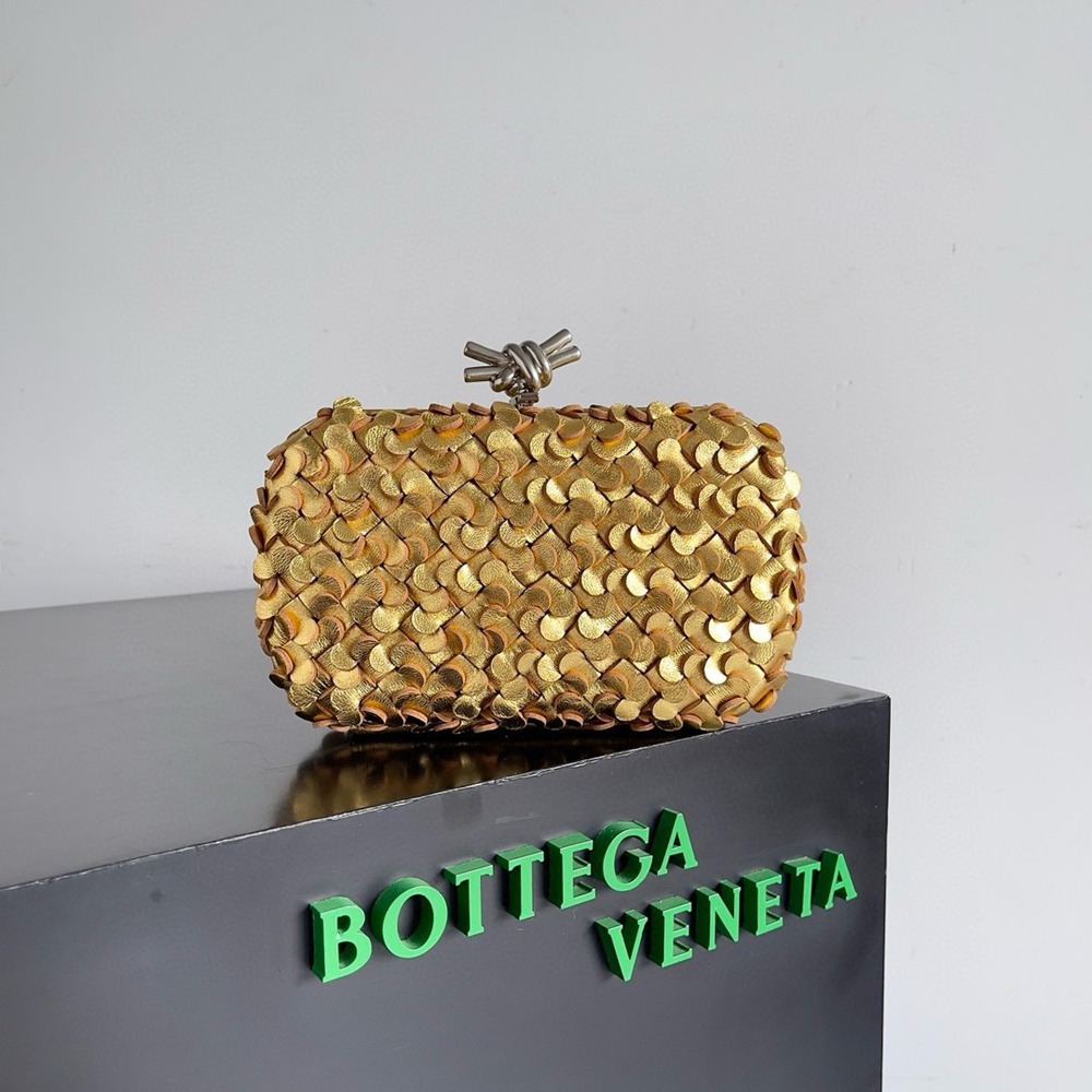 Bottega Veneta Knot Minaudiere Clutch in Gold Sequins Laminated Leather TDBS2262