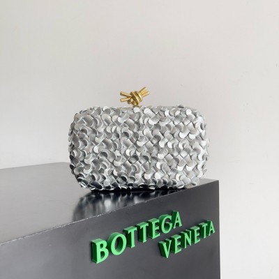 Bottega Veneta Knot Minaudiere Clutch in Silver Sequins Laminated Leather TDBS2265