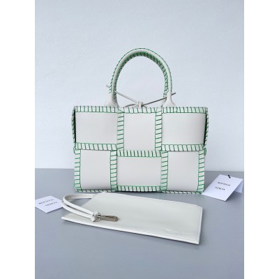 Bottega Veneta White Arco Small Tote with Green Overlock Stitching TDBS2039