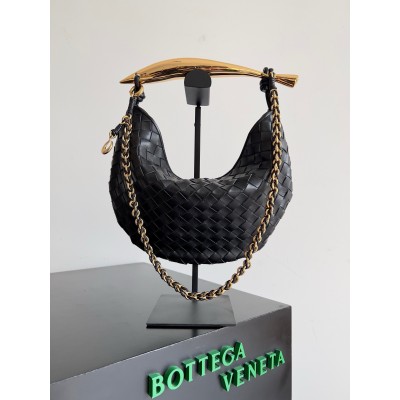 Bottega Veneta Sardine Small Bag with Chain in Black Lambskin