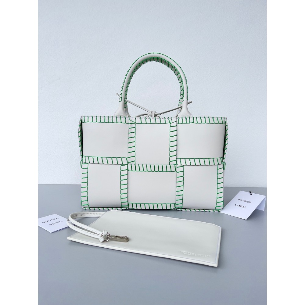 Bottega Veneta White Arco Small Tote with Green Overlock Stitching