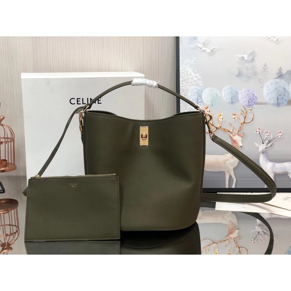 Celine Bucket 16 Bag In Dark Olive Grained Calfskin TDBS2516