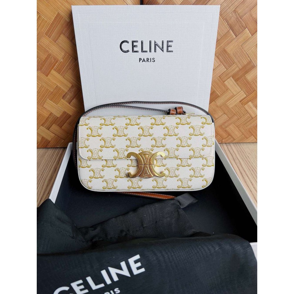 Celine Claude Shoulder Bag in White Triomphe Canvas TDBS2558