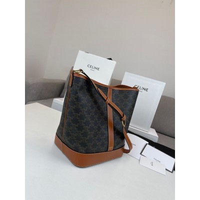 Celine Medium Bucket Bag In Triomphe Canvas and Calfskin TDBS2589