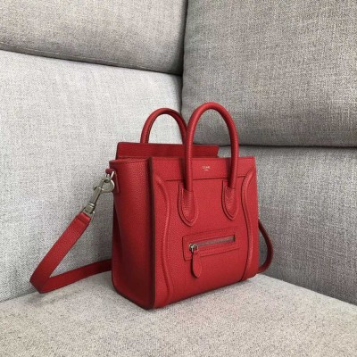 Celine Nano Luggage Tote Bag In Red Drummed Calfskin TDBS2579