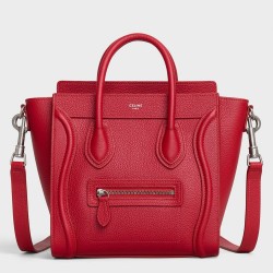 Celine Nano Luggage Tote Bag In Red Drummed Calfskin TDBS2579