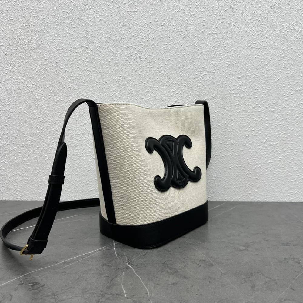 Celine Small Bucket Cuir Triomphe In White Textile TDBS2594