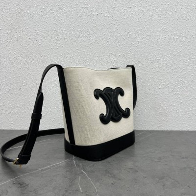 Celine Small Bucket Cuir Triomphe In White Textile TDBS2594