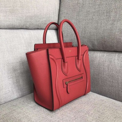 Celine Micro Luggage Tote Bag In Red Drummed Calfskin