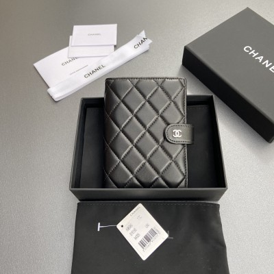 Chanel 24P series AP3825 passport holder lambskin black silver buckle