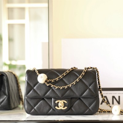 Chanel 24S mini square pearl flap bag black lambskin brushed gold hardware