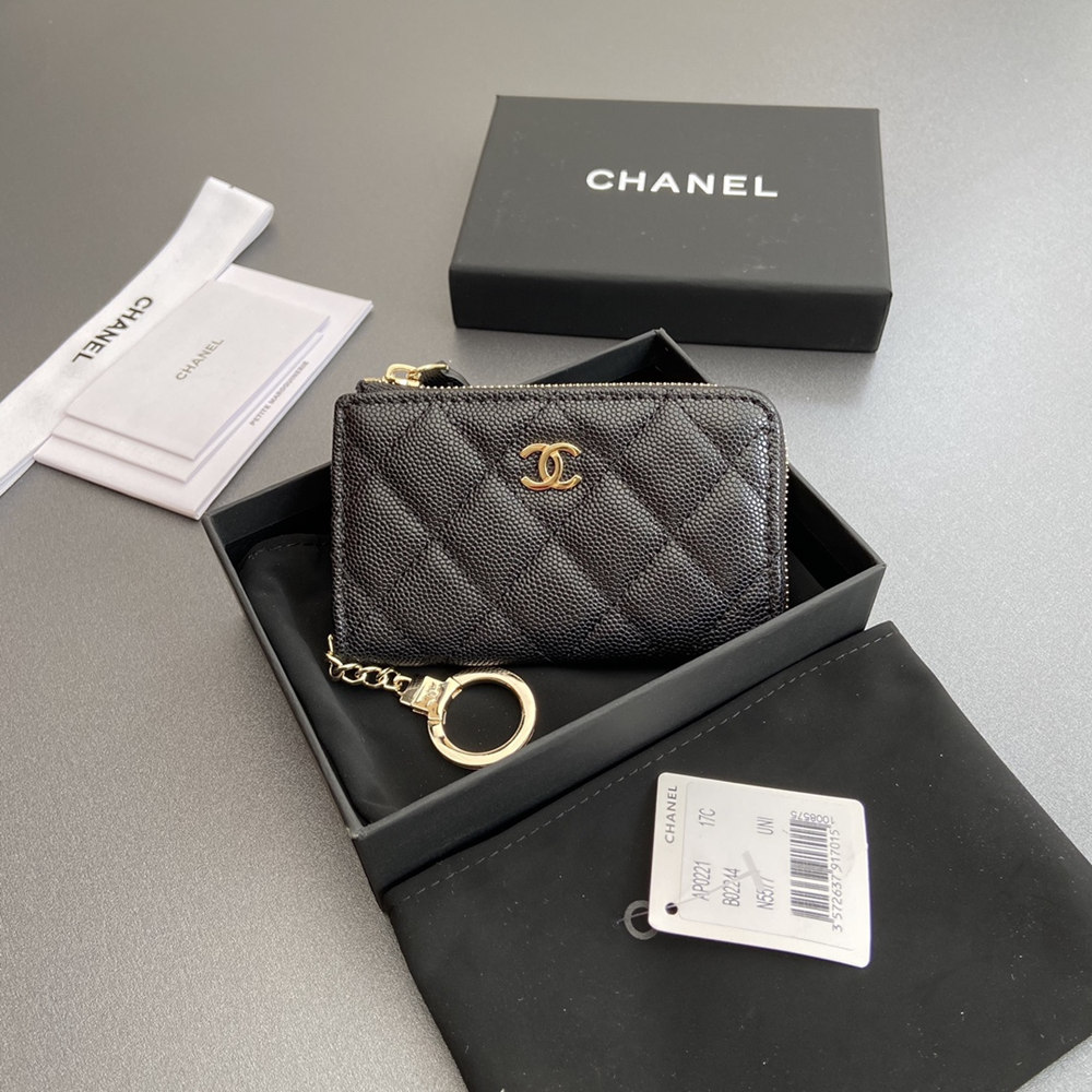 Chanel AP0223 coin purse black caviar gold buckle