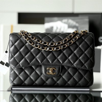 Chanel Classic Flap Bag Caviar Leather Large Black and Gold