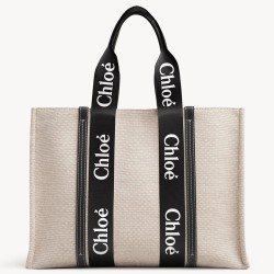 Chloe Large Woody Tote Bag in Canvas with Black Leather Strips TDBS2671