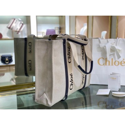 Chloe Large Woody Tote Bag in Canvas with Blue Leather Strips TDBS2672