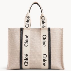 Chloe Large Woody Tote Bag in Canvas with Blue Leather Strips TDBS2672