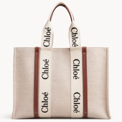 Chloe Large Woody Tote Bag in Canvas with Brown Leather Strips TDBS2673