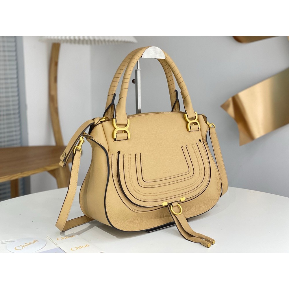 Chloe Marcie Medium Double Carry Bag in Beige Grained Leather TDBS2643