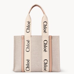 Chloe Medium Woody Tote Bag in Canvas with Beige Leather Strips TDBS2676