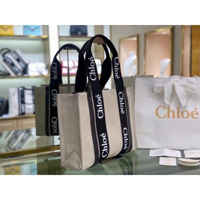 Chloe Medium Woody Tote Bag in Canvas with Black Leather Strips TDBS2677