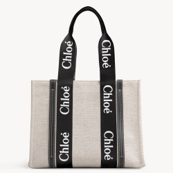 Chloe Medium Woody Tote Bag in Canvas with Black Leather Strips TDBS2677