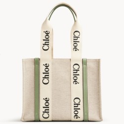 Chloe Medium Woody Tote Bag in Canvas with Green Leather Strips TDBS2680