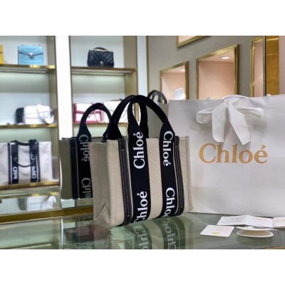 Chloe Small Woody Tote Bag in Canvas with Black Leather Strips  TDBS2687