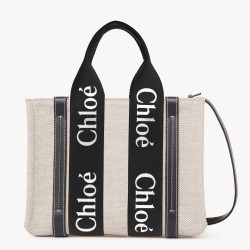 Chloe Small Woody Tote Bag in Canvas with Black Leather Strips  TDBS2687