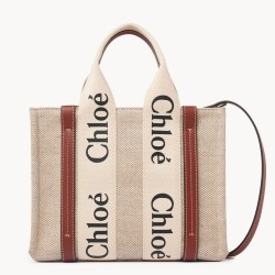 Chloe Small Woody Tote Bag in Canvas with Brown Leather Strips  TDBS2689