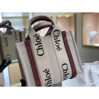 Chloe Small Woody Tote Bag in Canvas with Camel Leather Strips  TDBS2690