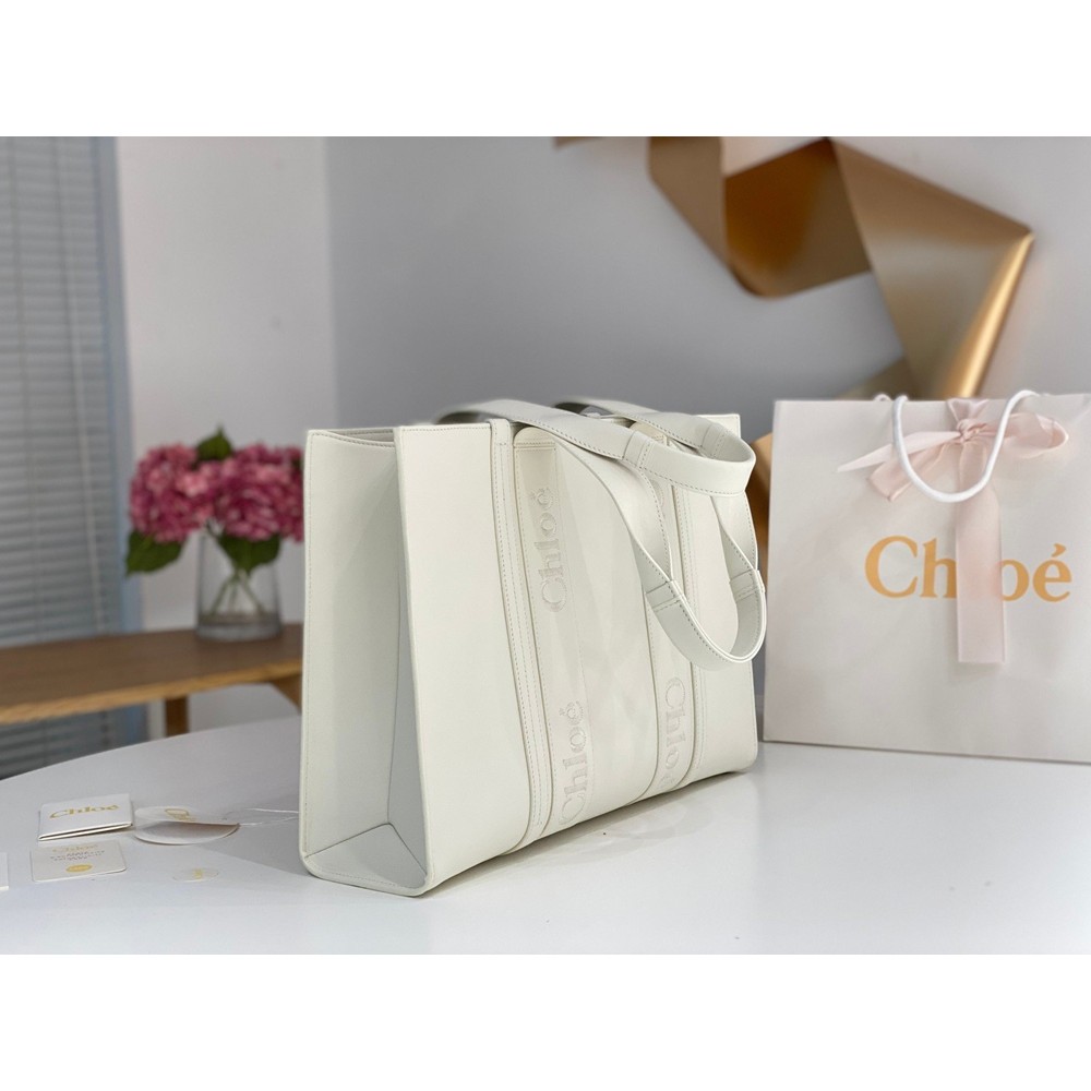 Chloe Woody Large Tote Bag In White Calfskin TDBS2697