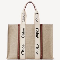 Chloe Woody Large Tote Bag in Linen Canvas with Brown Leather TDBS2695