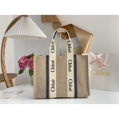 Chloe Woody Large Tote Bag in Linen Canvas with Navy Blue Leather TDBS2696