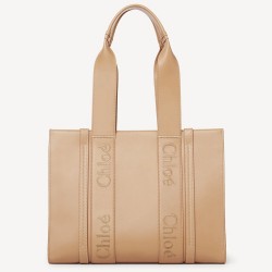 Chloe Woody Medium Tote Bag In Beige Calfskin TDBS2699