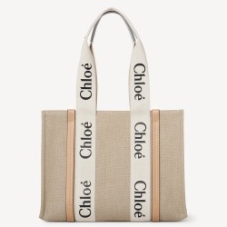 Chloe Woody Medium Tote Bag in Linen Canvas with Beige Leather TDBS2702