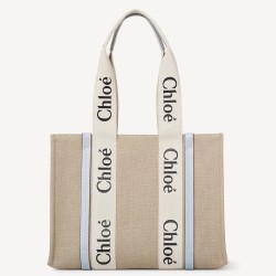 Chloe Woody Medium Tote Bag in Linen Canvas with Blue Leather TDBS2703