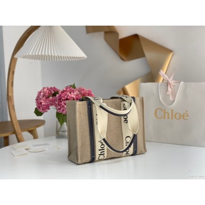 Chloe Woody Medium Tote Bag in Linen Canvas with Navy Blue Leather TDBS2705