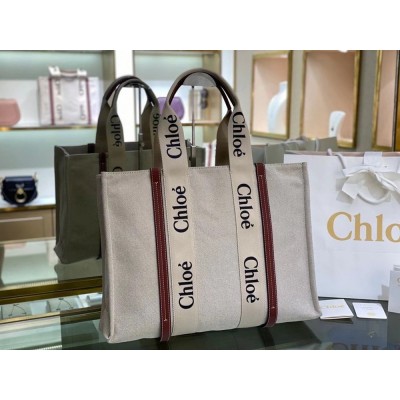 Chloe Large Woody Tote Bag in Canvas with Brown Leather Strips