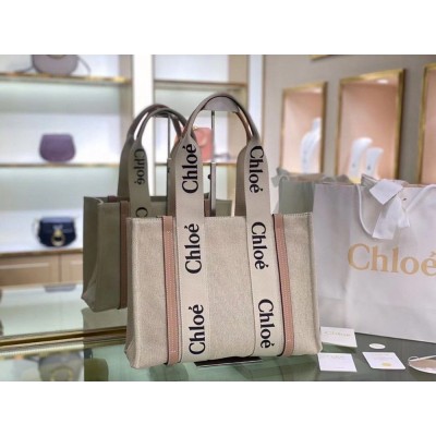 Chloe Medium Woody Tote Bag in Canvas with Beige Leather Strips