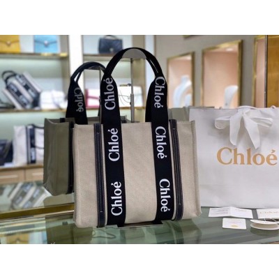 Chloe Medium Woody Tote Bag in Canvas with Black Leather Strips