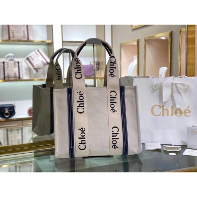 Chloe Medium Woody Tote Bag in Canvas with Blue Leather Strips