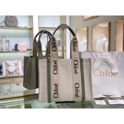 Chloe Medium Woody Tote Bag in Canvas with Green Leather Strips