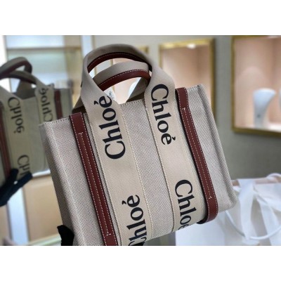 Chloe Small Woody Tote Bag in Canvas with Camel Leather Strips