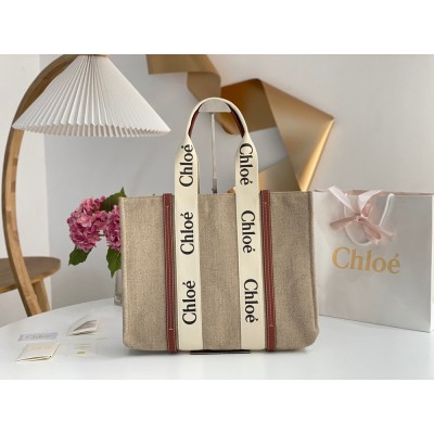 Chloe Woody Large Tote Bag in Linen Canvas with Brown Leather