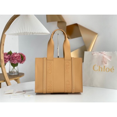 Chloe Woody Medium Tote Bag In Beige Calfskin