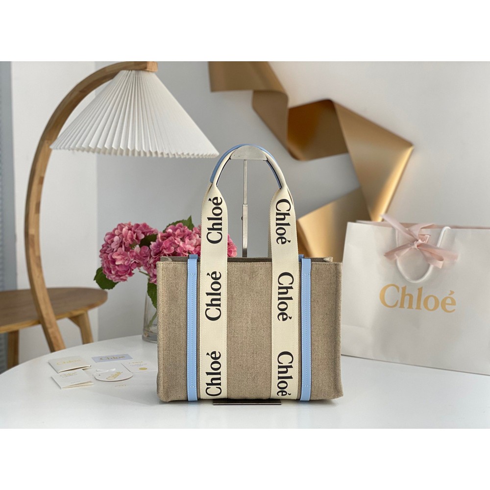 Chloe Woody Medium Tote Bag in Linen Canvas with Blue Leather