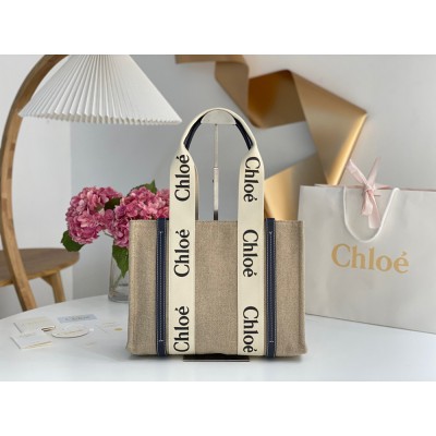 Chloe Woody Medium Tote Bag in Linen Canvas with Navy Blue Leather