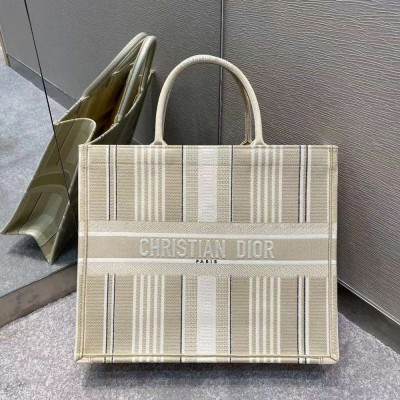 Dior Book Tote Bag In Beige Stripes Embroidery TDBS2821