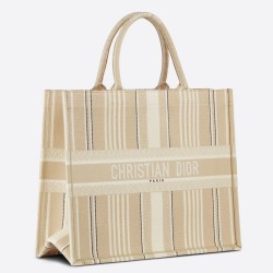 Dior Book Tote Bag In Beige Stripes Embroidery TDBS2821